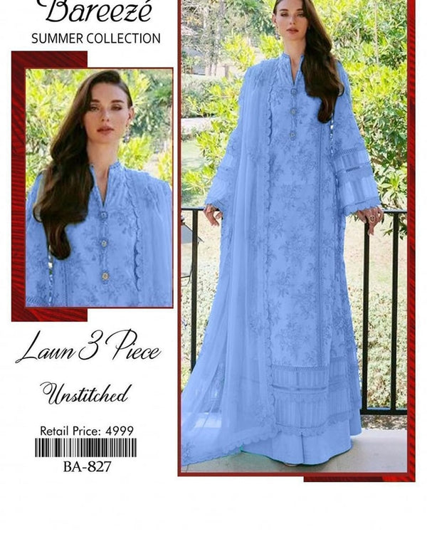 3Pec Unsitched Emboridery Lawn