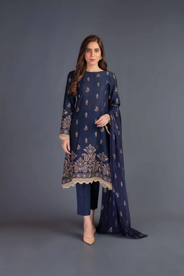 3Pec Unstiched Bareeze Pine Cone Navy Blue Dress